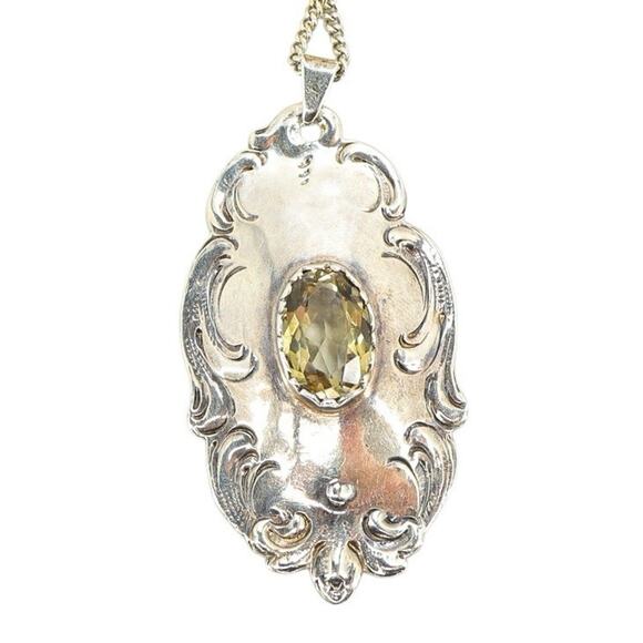 Vintage 900 Silver Germany Ornate Pendant Necklace Likely Citrine Baroque Rococo - Picture 1 of 8